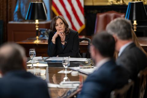 Vice President Kamala Harris listening to experts in the Executive Office Building on February 7, 2023