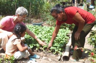 Maryknoll Lay Missioner Peg Vamosy and woman collect data from plants in El Salvador